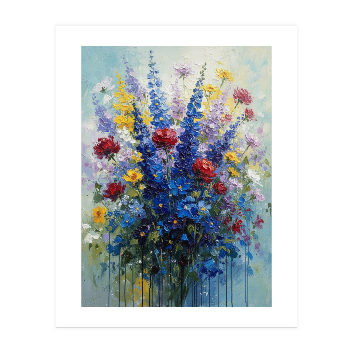 Vibrant Blue Delphinium and Red Rose Heavy Impasto Oil Painting (Print Only)