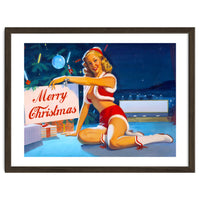 Pinup Girl In Santa Costume With Marry Christmas Sign