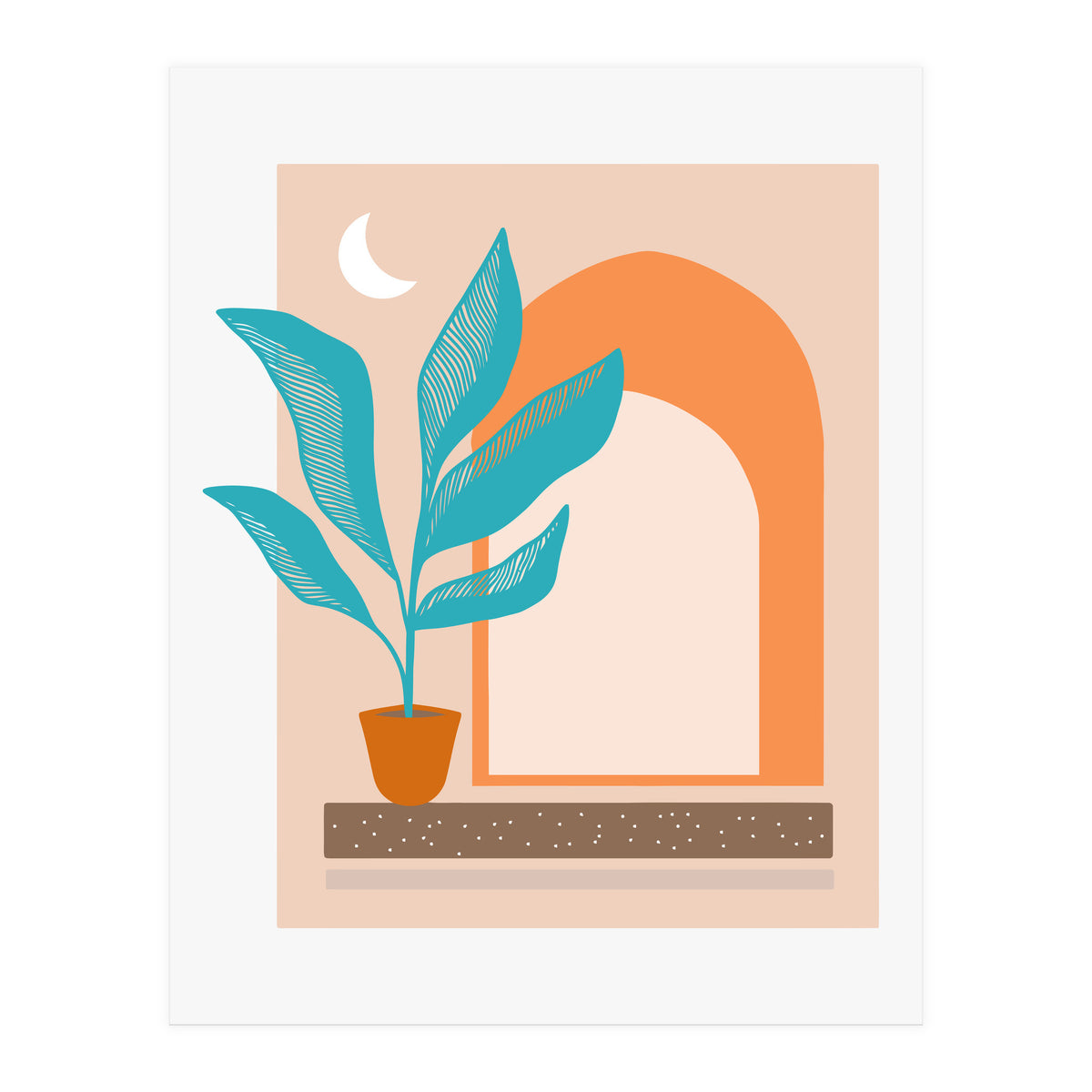 Moonlight Villa, Architecture Modern Bohemian Travel Illustration, Pastel Tropical Home Minimal Line Art (Print Only)