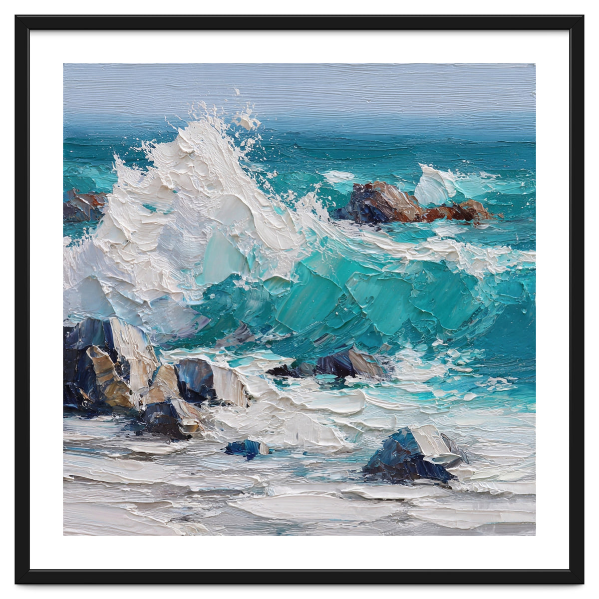 Dynamic Crashing Turquoise Ocean Wave Against Rugged Coastal Rocks