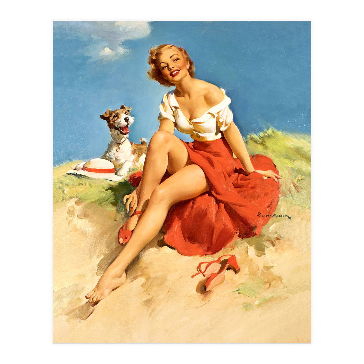 Sexy Pinup Girl On The Beach With Her Dog (Print Only)