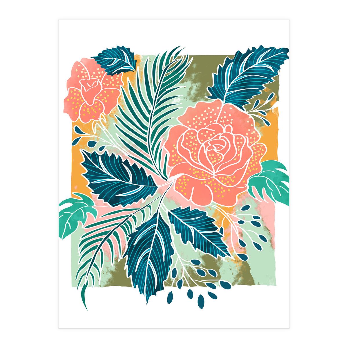 Framed Nature, Botanical Floral Rustic Bohemian, Garden Painting Tropical Illustration (Print Only)