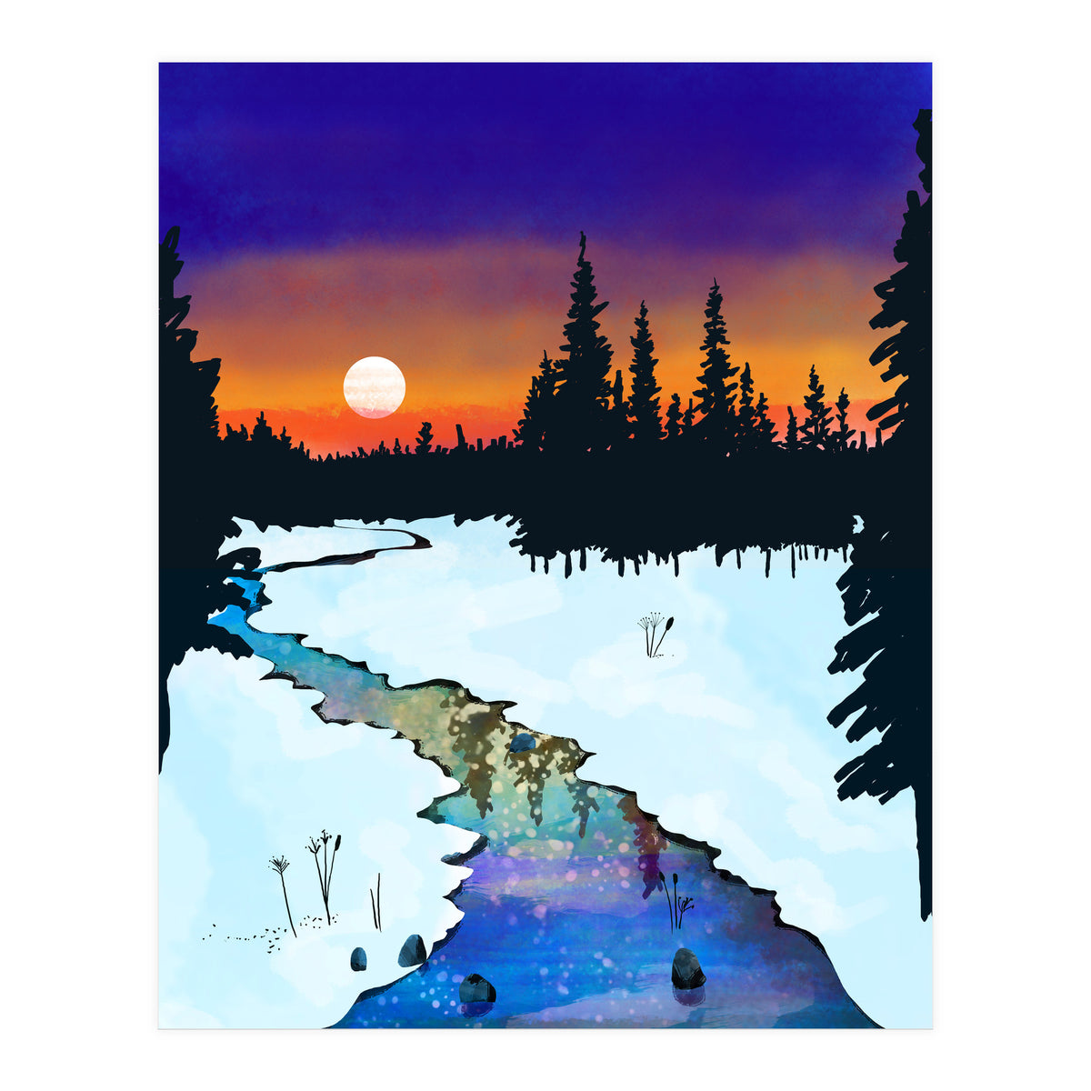 Purple Midnight, Snow River Full Moon Nature Landscape Painting, Winter Travel Adventure Places (Print Only)