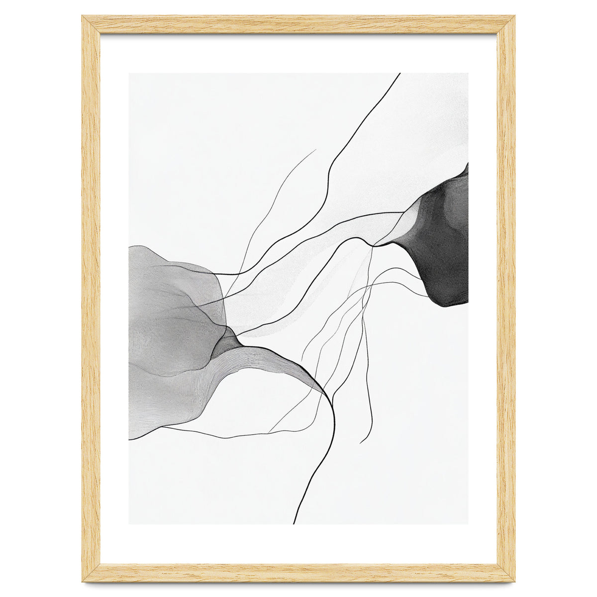 Abstract Black And White Flowing Lines And Shapes On White Background