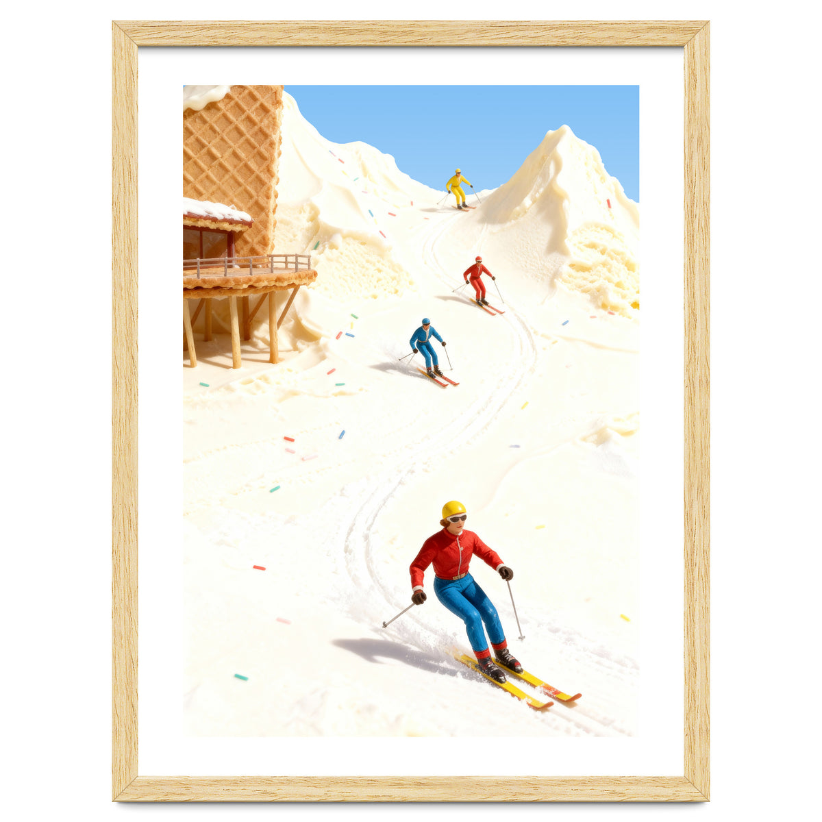 Skiing on Ice Cream Mountains, Miniature Skiers Winter Art Print for Kitchen Decor