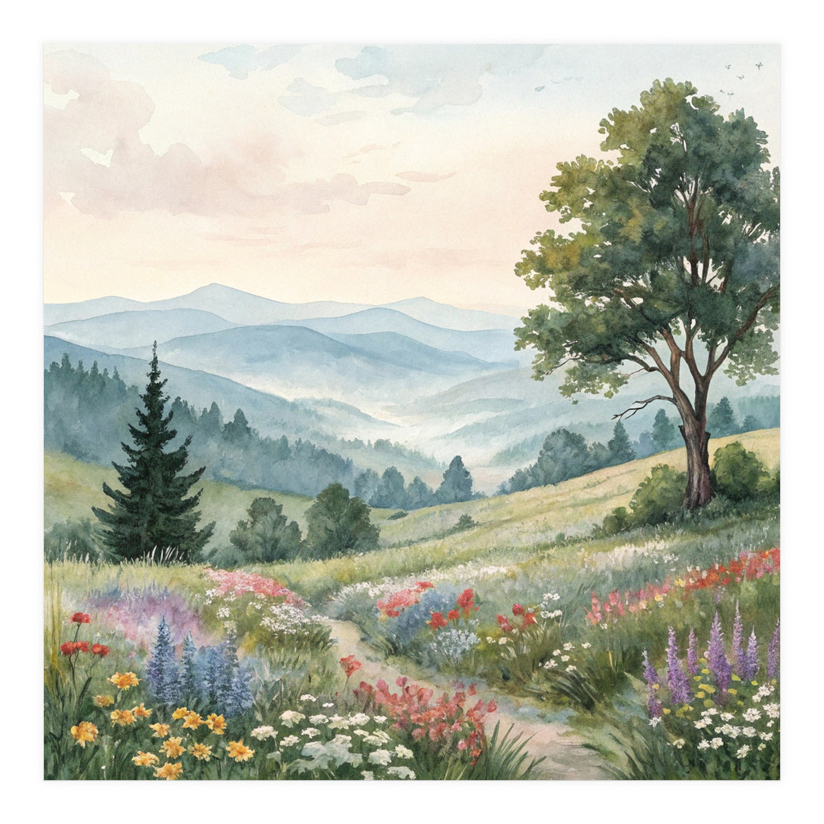 Serene Mountain Meadow Watercolor Landscape (Print Only)