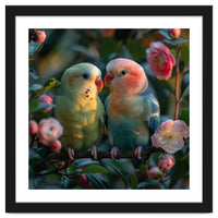 Two Lovebirds Perched On A Branch Near Flowers