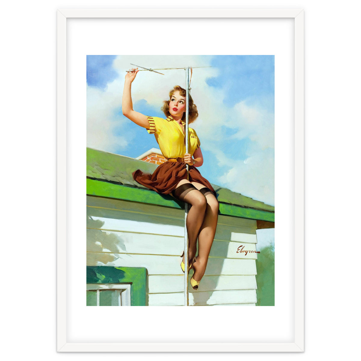 Pinup Sexy Girl Setting Up The Antenna On The Roof