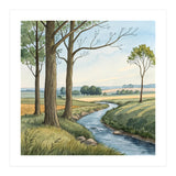Pastoral Countryside Watercolor Painting with Winding Stream Meadows and Deciduous Trees Landscape (Print Only) thumbnail