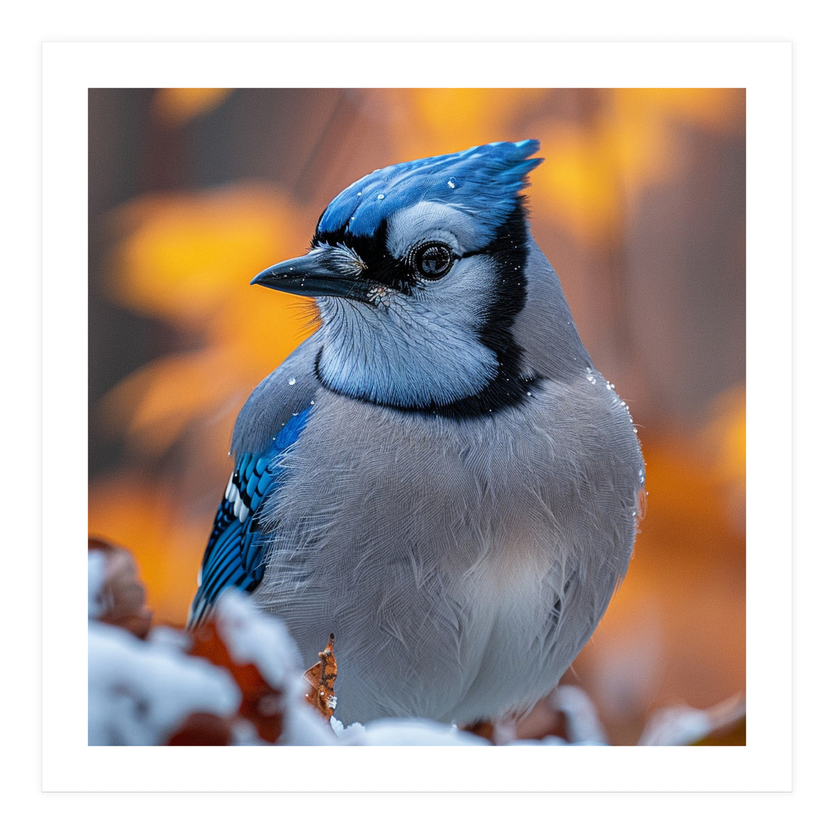Blue Jay Bird In Winter Snowfall And Leaves (Print Only)