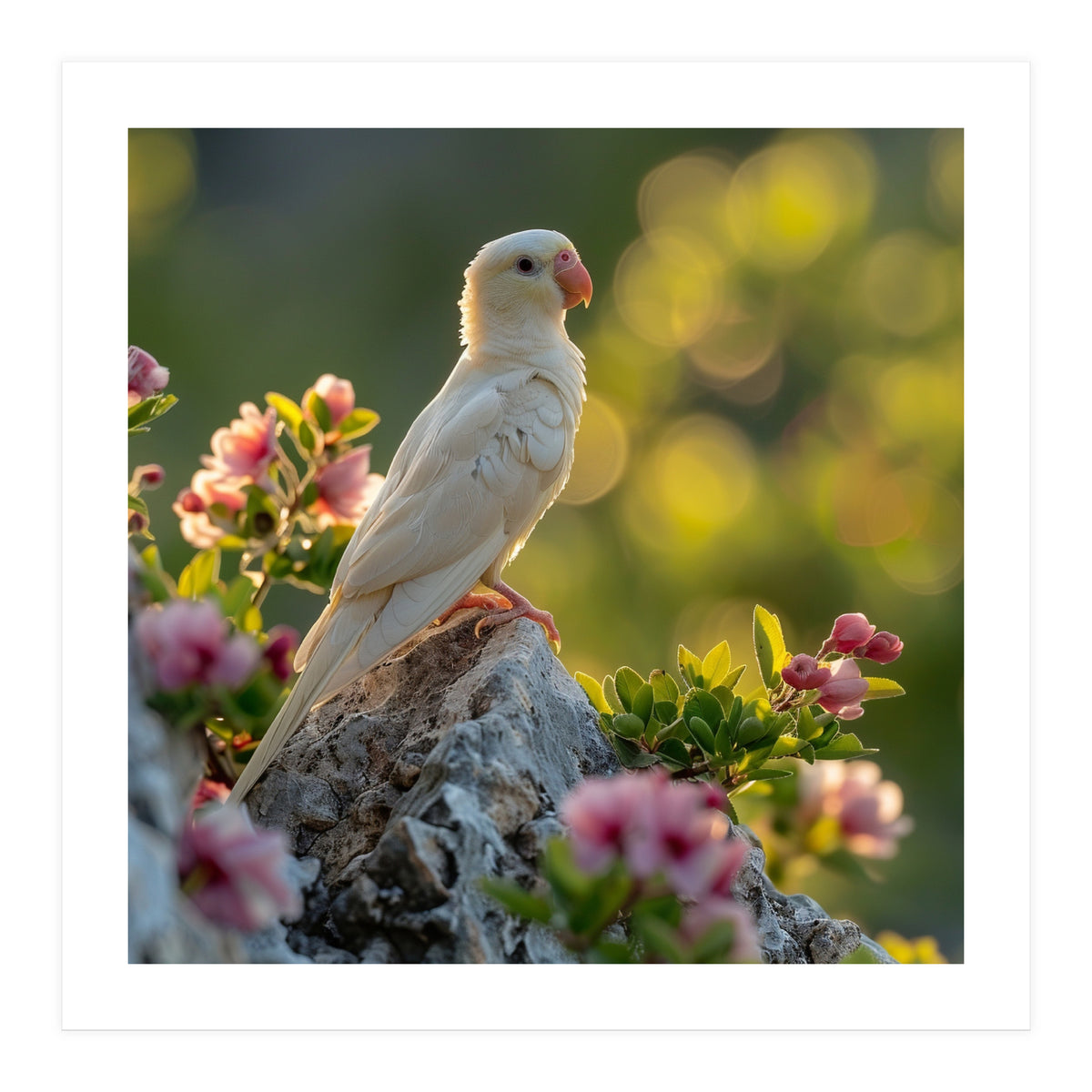 Albino Parrot Perched On A Rock Amongst Flowers (Print Only)