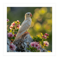 Albino Parrot Perched On A Rock Amongst Flowers (Print Only)