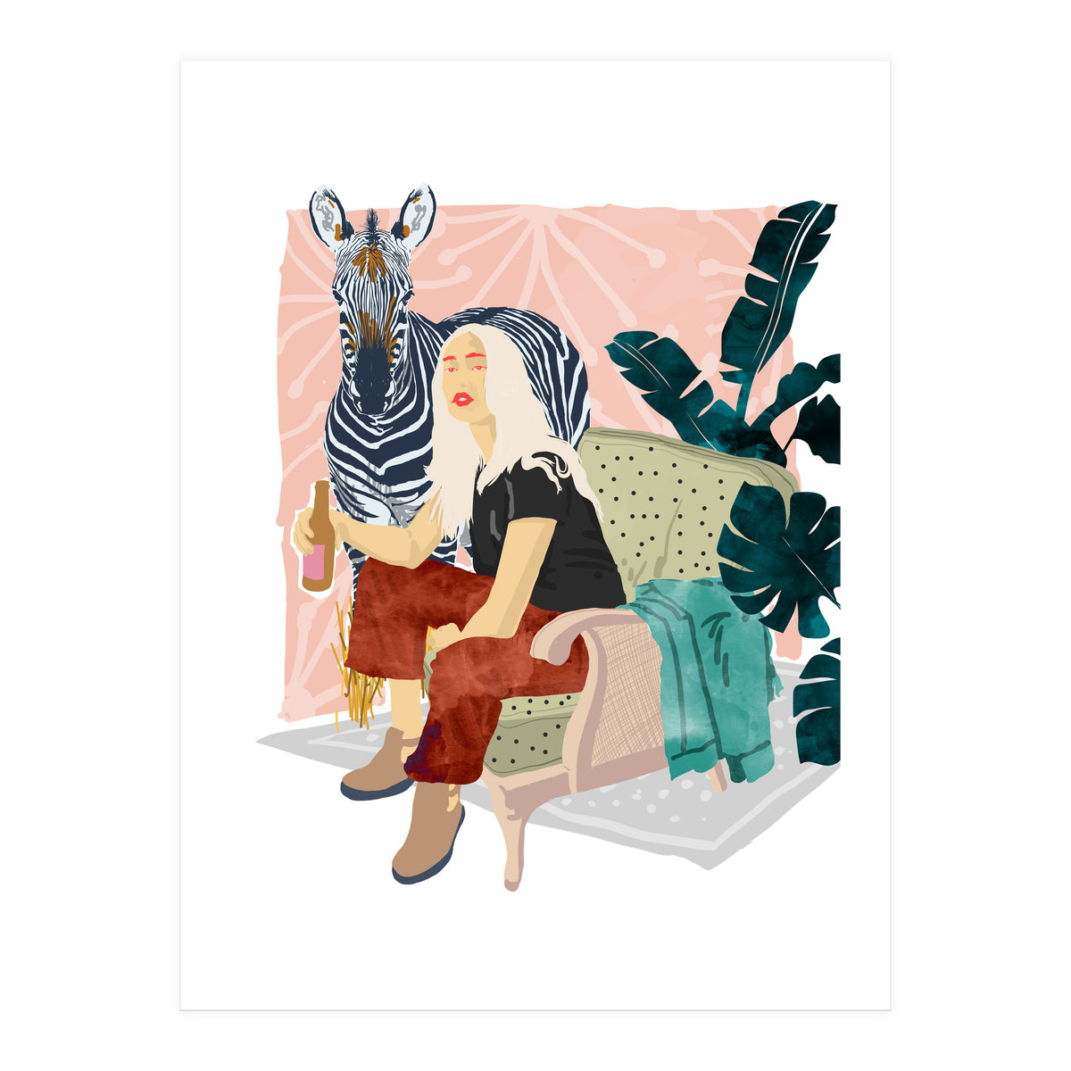 Zebra Hangout | Wildlife Urban Jungle Décor | Banana Leaves Monstera Plant Lady Fashion  (Print Only)