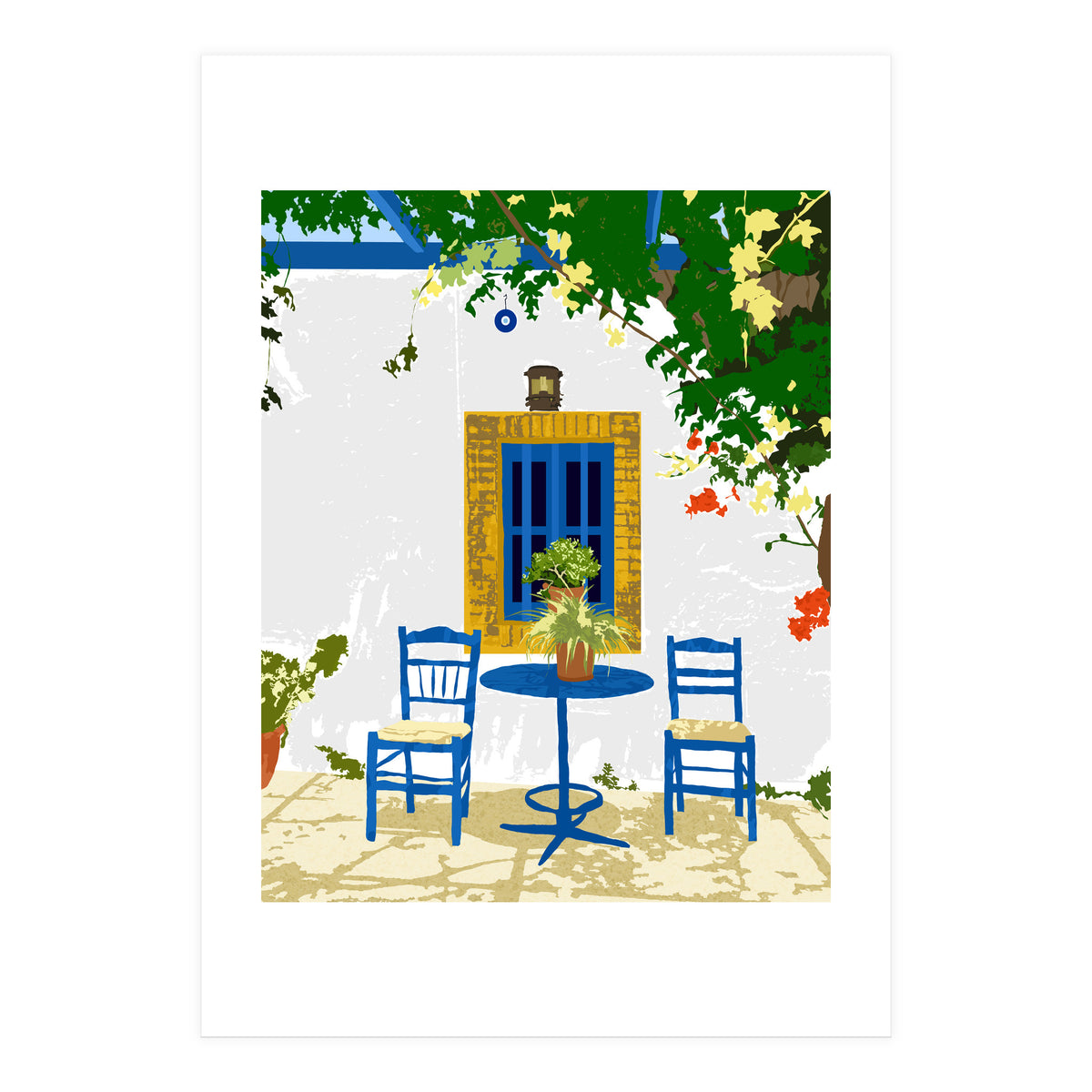 Greek Vacay For Two, Evil Eye Santorini Travel Summer, Eclectic Travel Architecture White Buildings Cafe (Print Only)