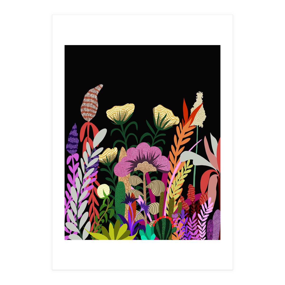 Dark Garden, Eclectic Bold Floral Botanical Nature, Colorful Mystery Bohemian Flowers Plants (Print Only)