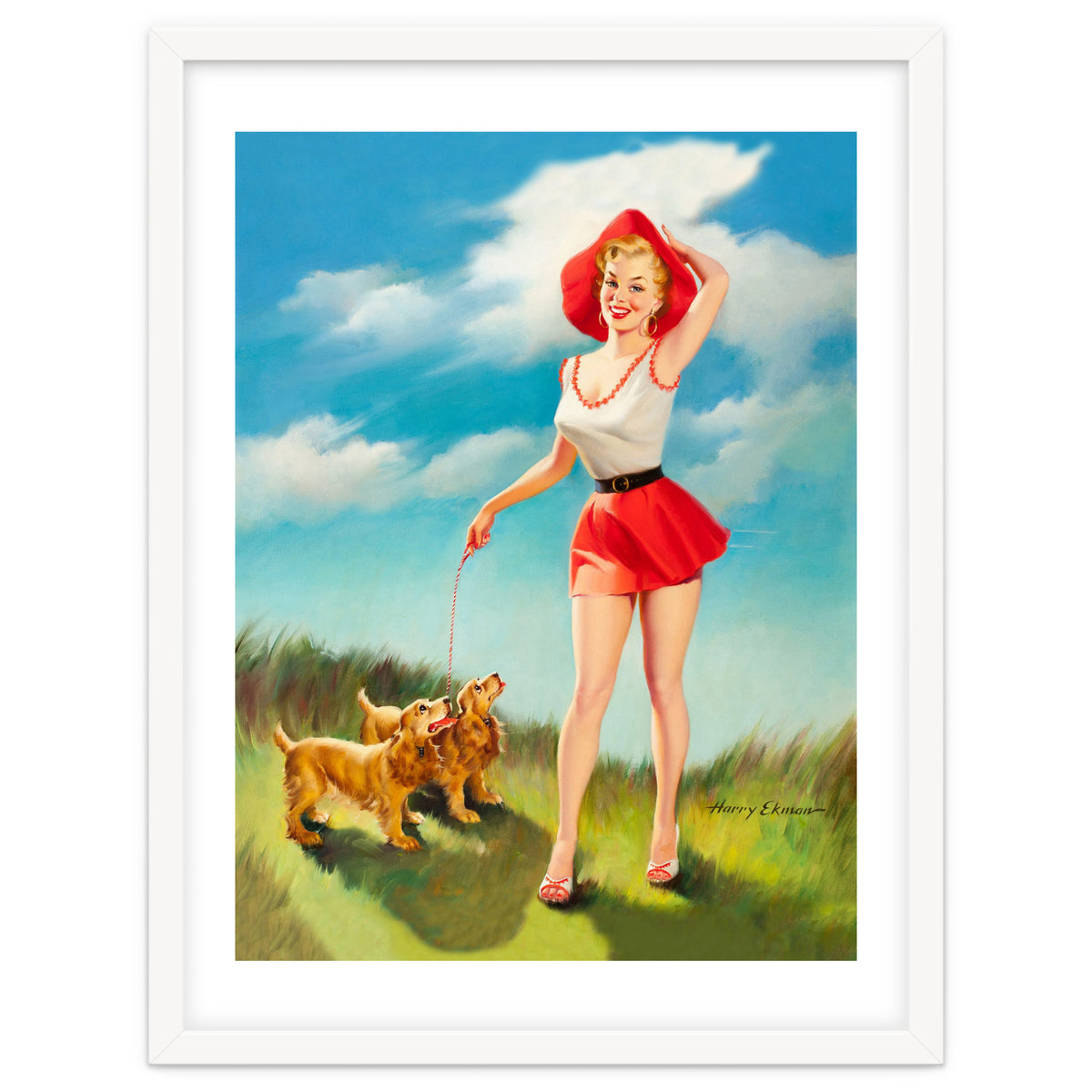 Pinup Girl In Little Red Dress And Two Dogs