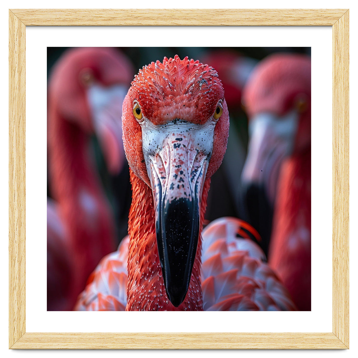 Close Up Of A Flamingo Bird Face, Pink Feathers