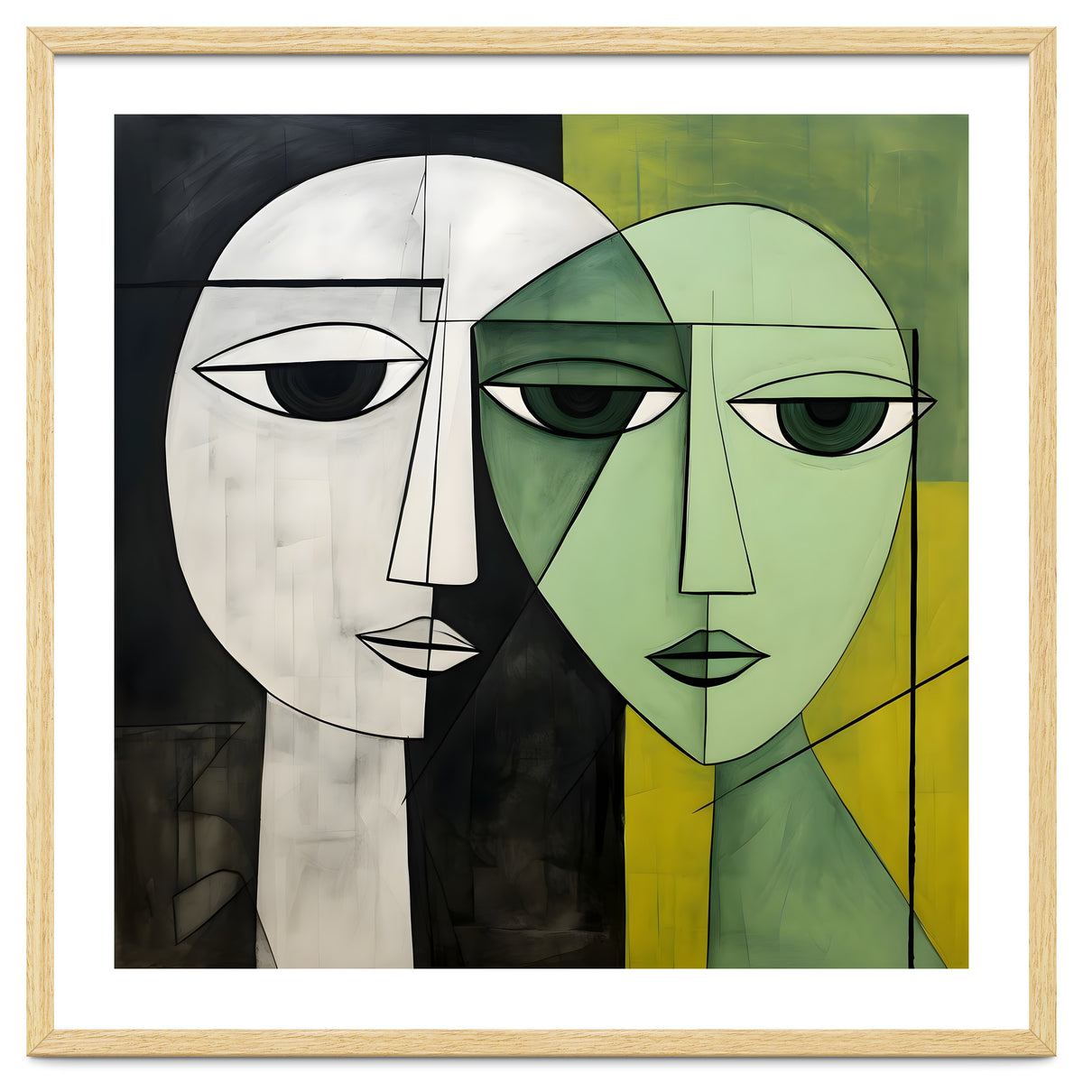 DYNAMIC FUSION, Two abstract heads converge - vibrant green tones intertwine with cool grey hues, a dance of contrast and connection.