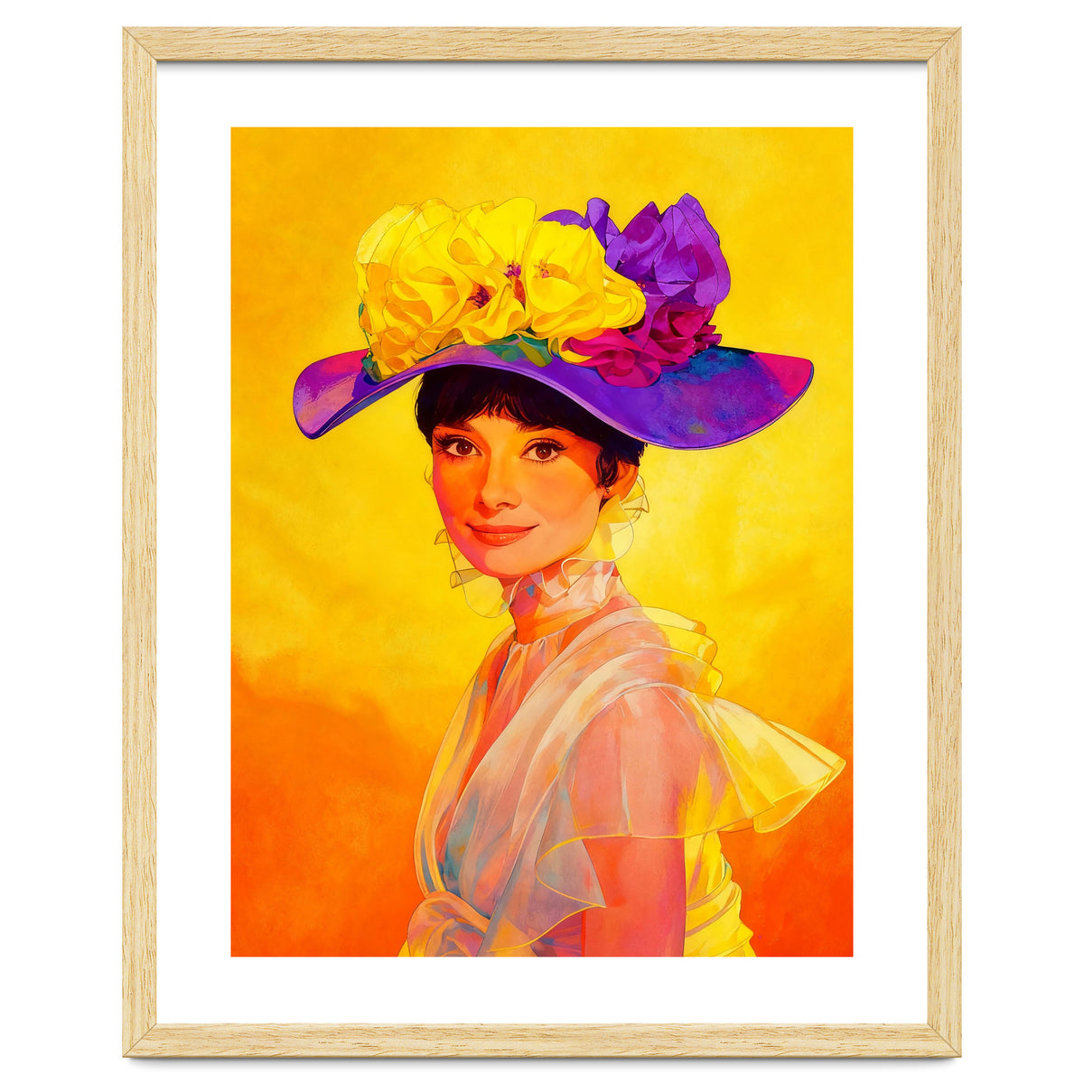 Audrey Hepburn Pop Art, Vibrant Floral Hat Portrait, Iconic Movie Star Illustration