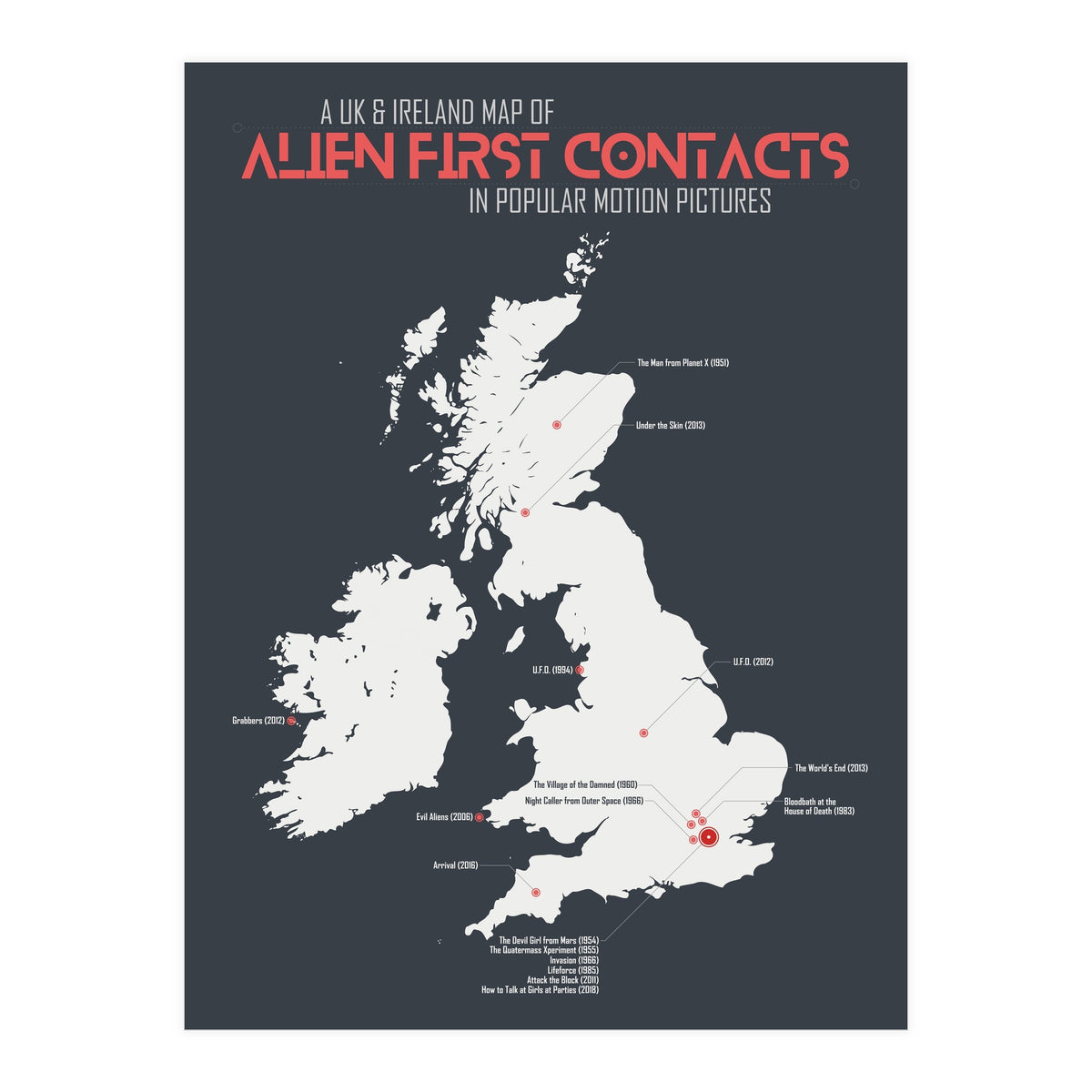 UK & Ireland Map of Alien First Contacts in Movies (Print Only)
