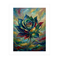 Enchanted Teal and Gold Rose Impasto Oil Painting (Print Only)