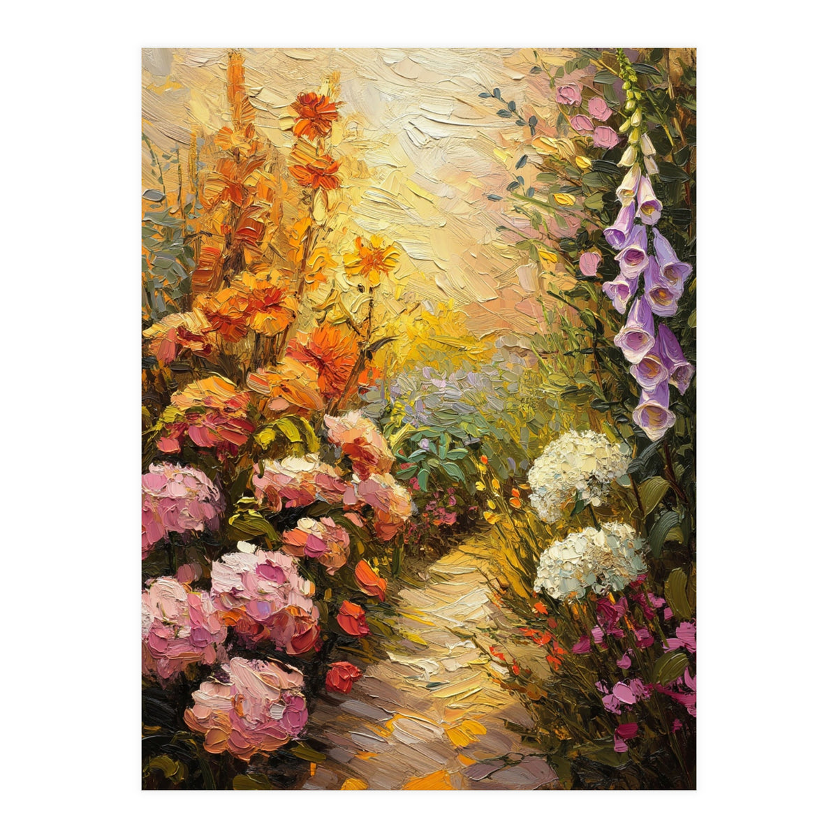 Golden Hour Summer Garden Path Oil Painting (Print Only)