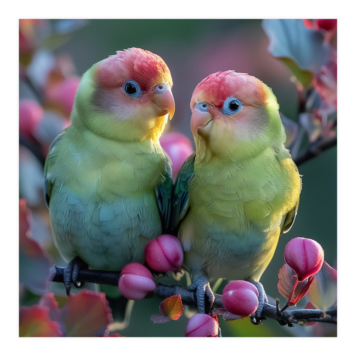 Two Lovebirds On A Branch Surrounded By Berries (Print Only)
