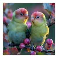 Two Lovebirds On A Branch Surrounded By Berries (Print Only)