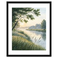 Serene River Sunrise Watercolor Painting with Meadow Grasses and Warm Golden Atmosphere Landscape
