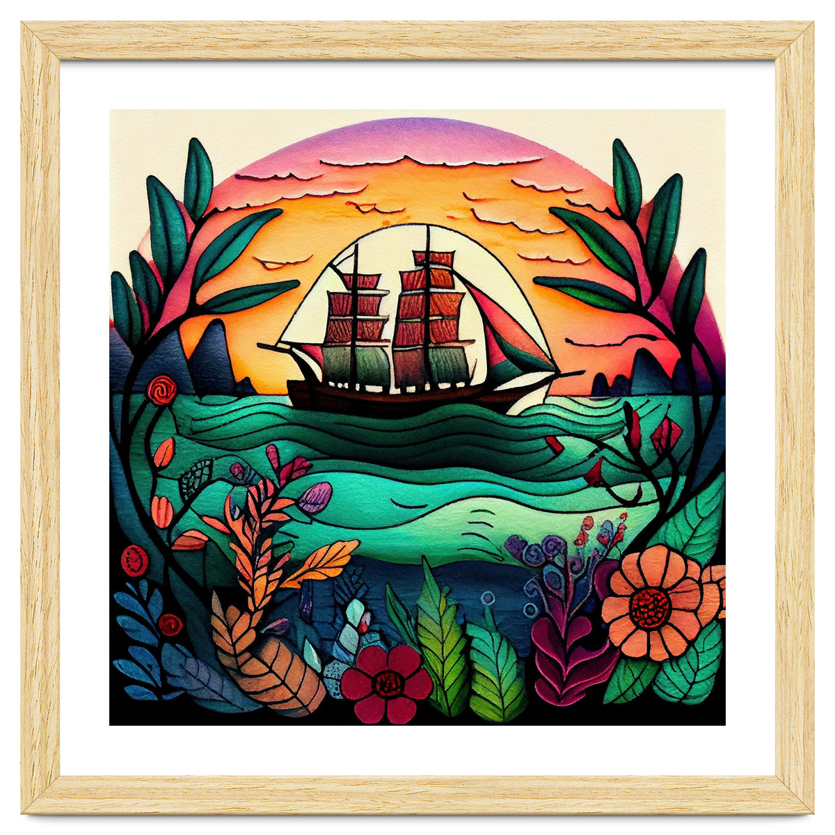 Folk Sunset Sailing Ship