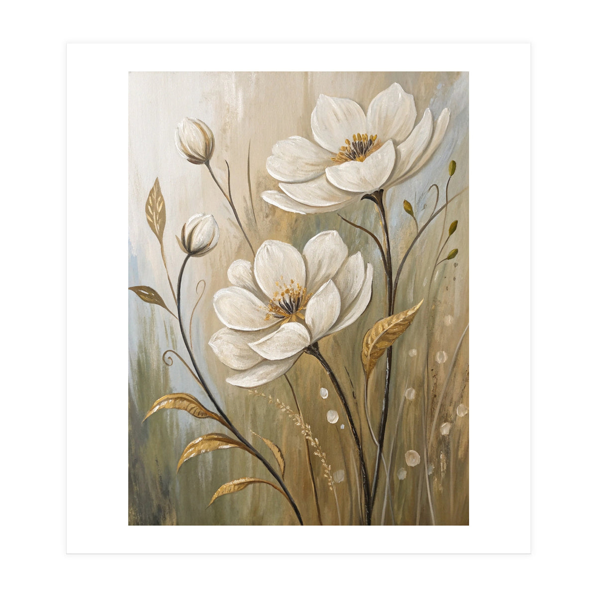Elegant White Anemone Floral Oil Painting (Print Only)