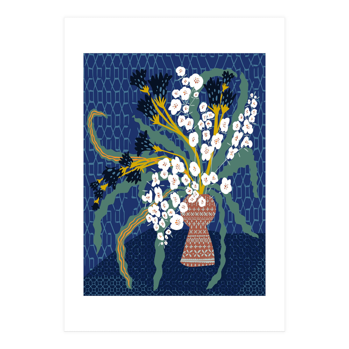 Floral contemporary still life dark blue (Print Only)