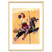 Pinup Sexy Girl Riding A Wooden Horse