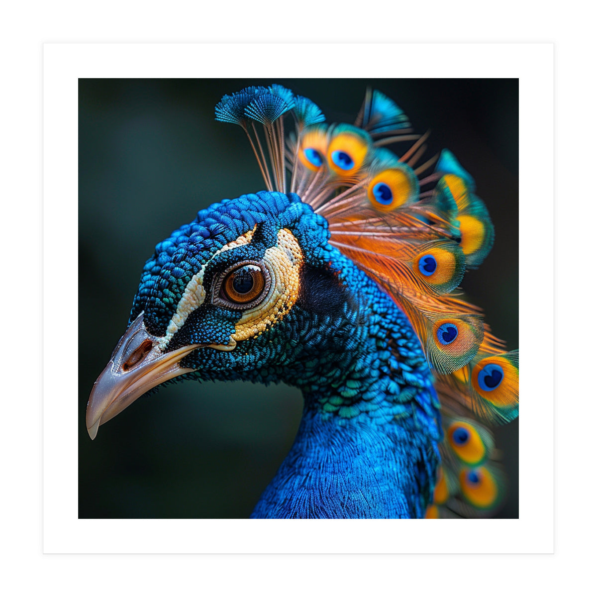 Peacock Bird Portrait Detailed Feathers Vibrant Colors (Print Only)