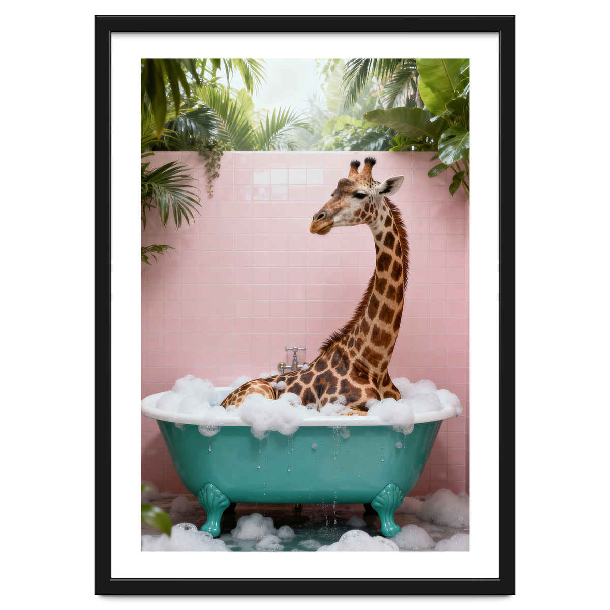 Giraffe in Bathtub, Whimsical Bathroom Art