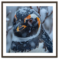 Penguin In Snow Falling Close Up Portrait