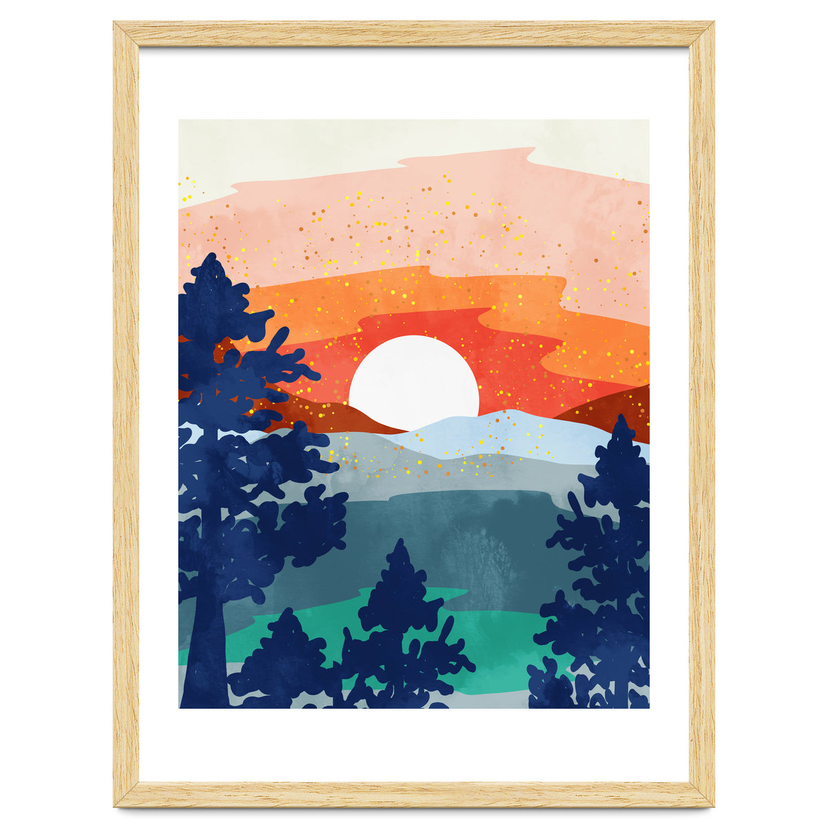 A Magical Sunset, Landscape Nature Illustration, Minimal Bohemian Painting, Mountains Adventure Travel