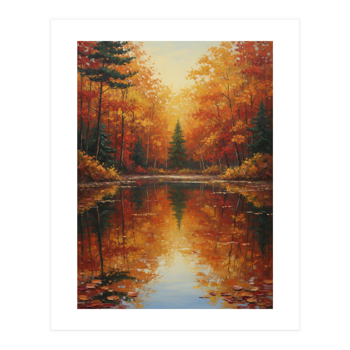 Golden Autumn Reflection: Impasto Forest Landscape (Print Only)