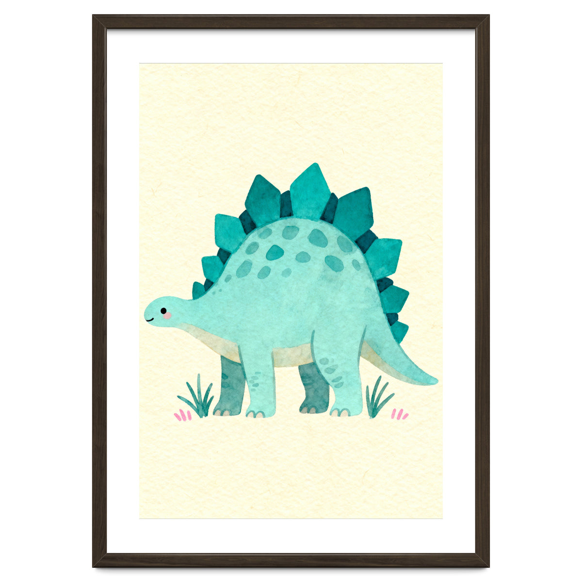 Teal Stegosaurus Watercolor Art, Cute Dinosaur Nursery Print, Whimsical Dino Illustration