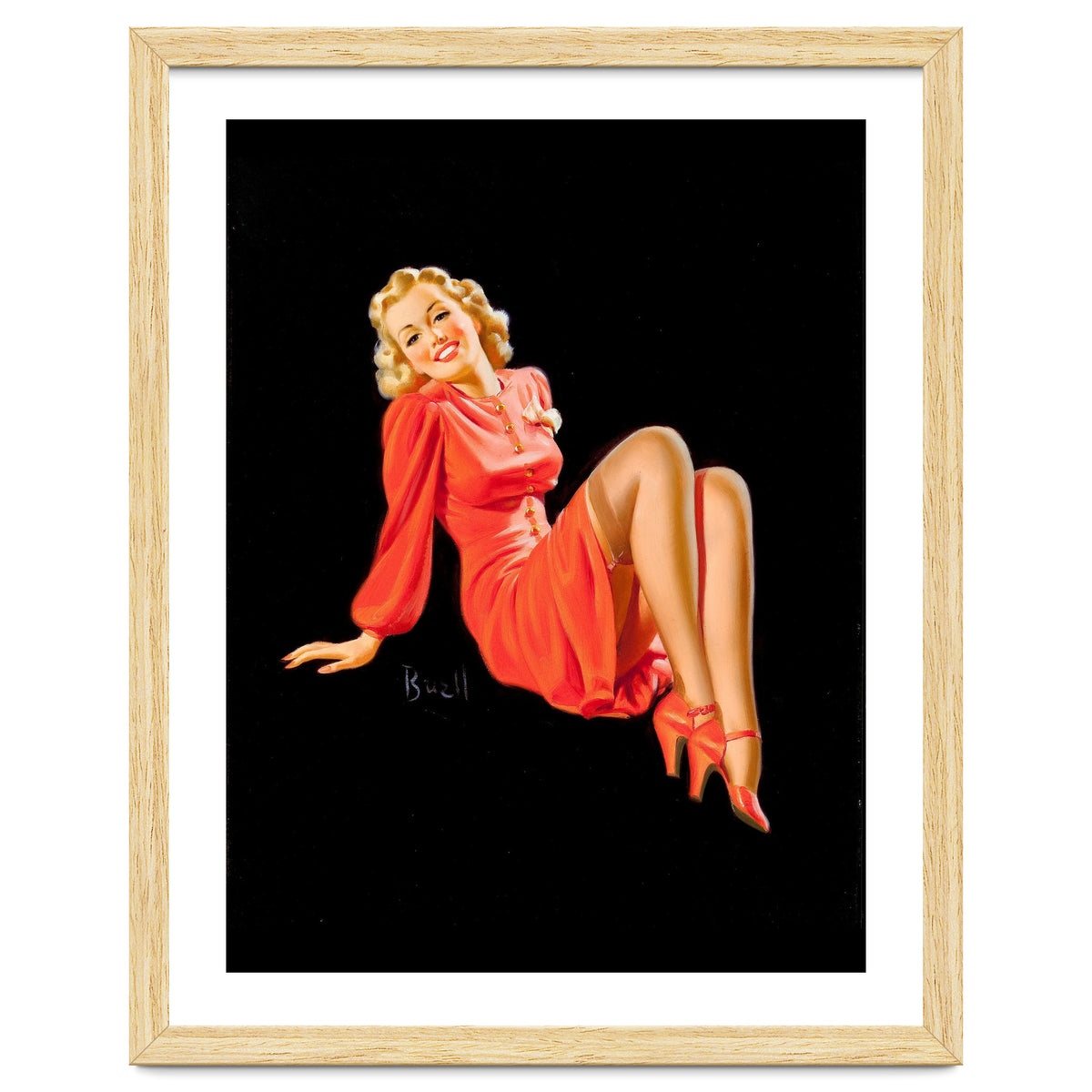 Smiling Pinup Woman Posing In Red Dress
