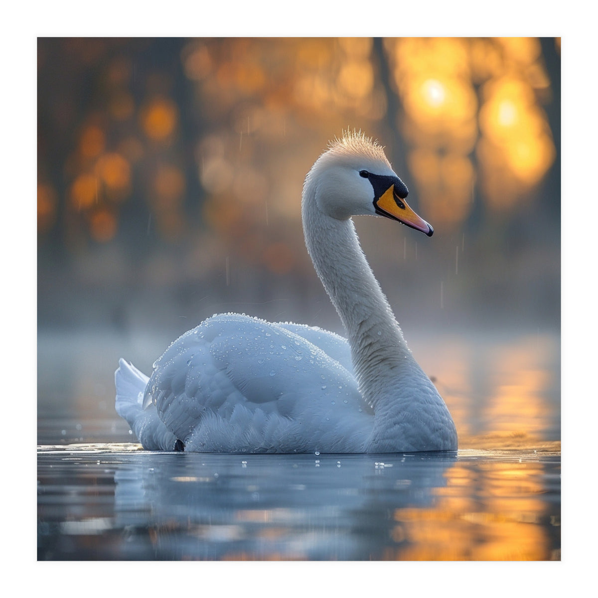 Beautiful Swan Floating On Water At Sunset (Print Only)