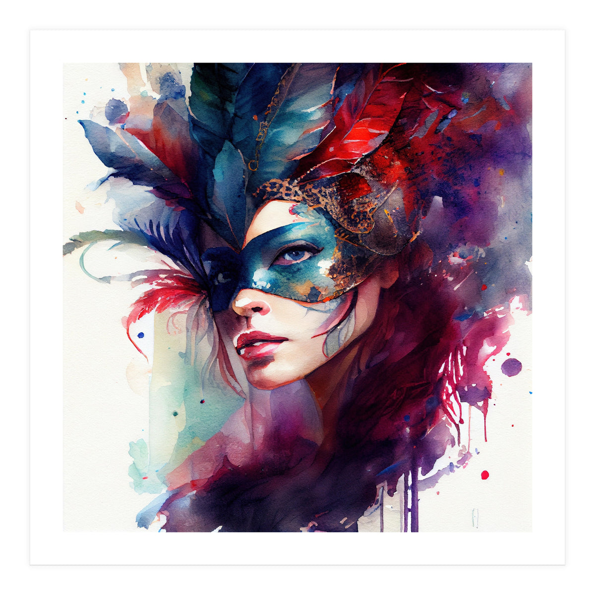 Turquoise Feathered Carnival Mask Portrait (Print Only)
