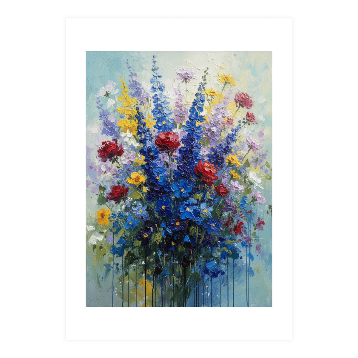 Vibrant Blue Delphinium and Red Rose Heavy Impasto Oil Painting (Print Only)