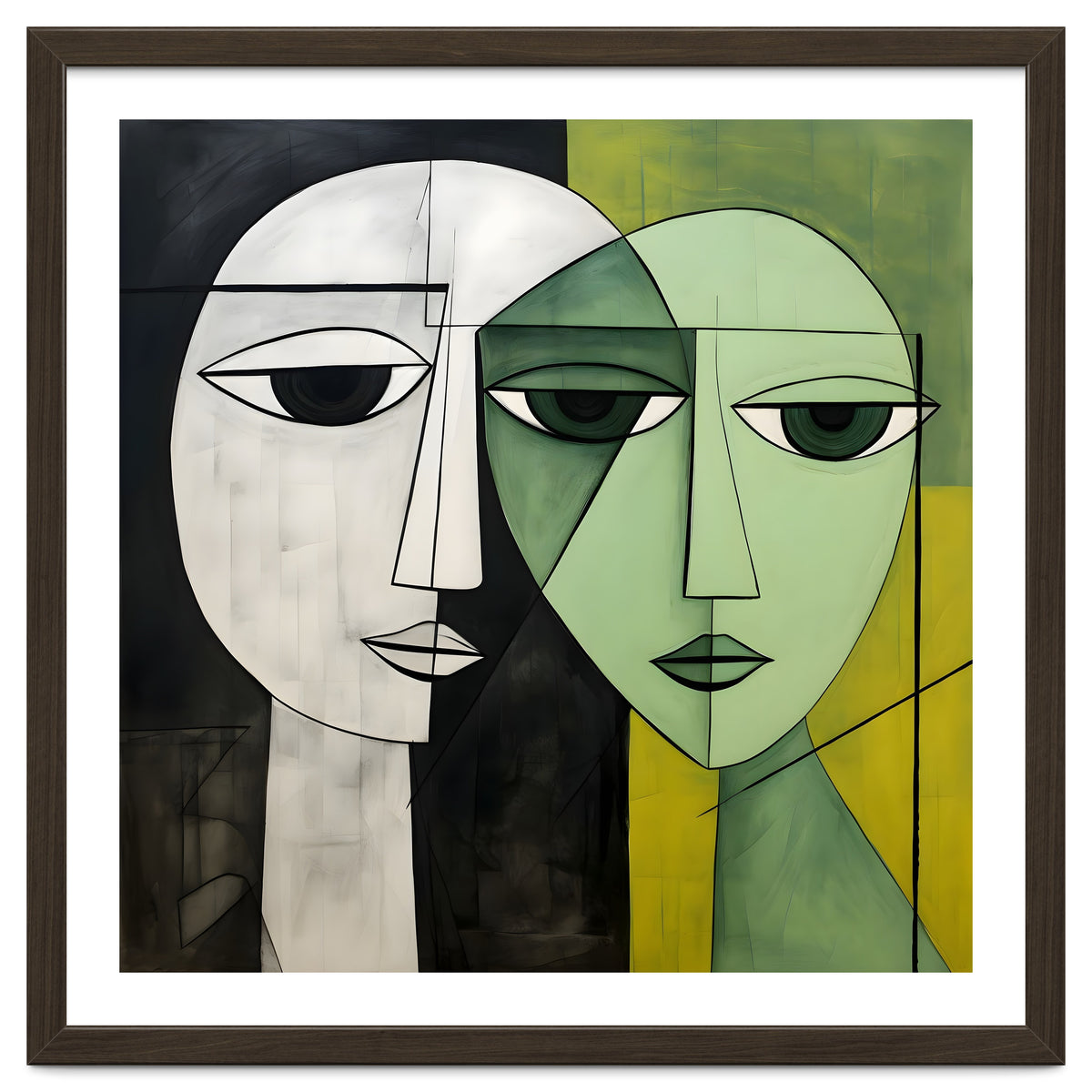 DYNAMIC FUSION, Two abstract heads converge - vibrant green tones intertwine with cool grey hues, a dance of contrast and connection.