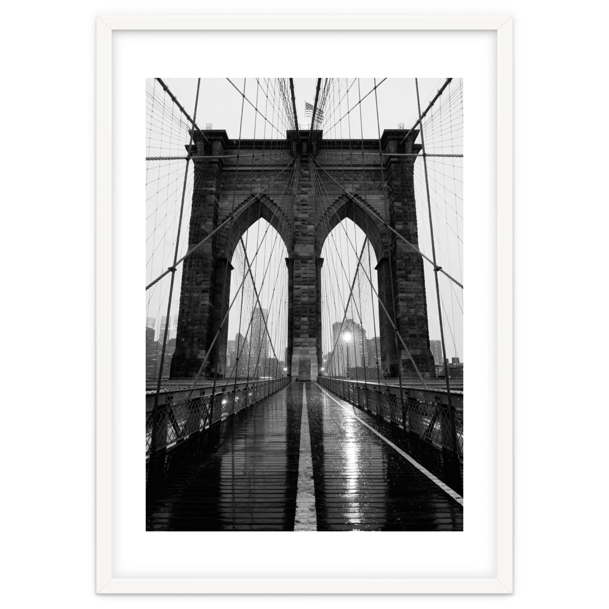 Brooklyn Bridge Black and White, Moody NYC Architecture, Rainy Urban Photography