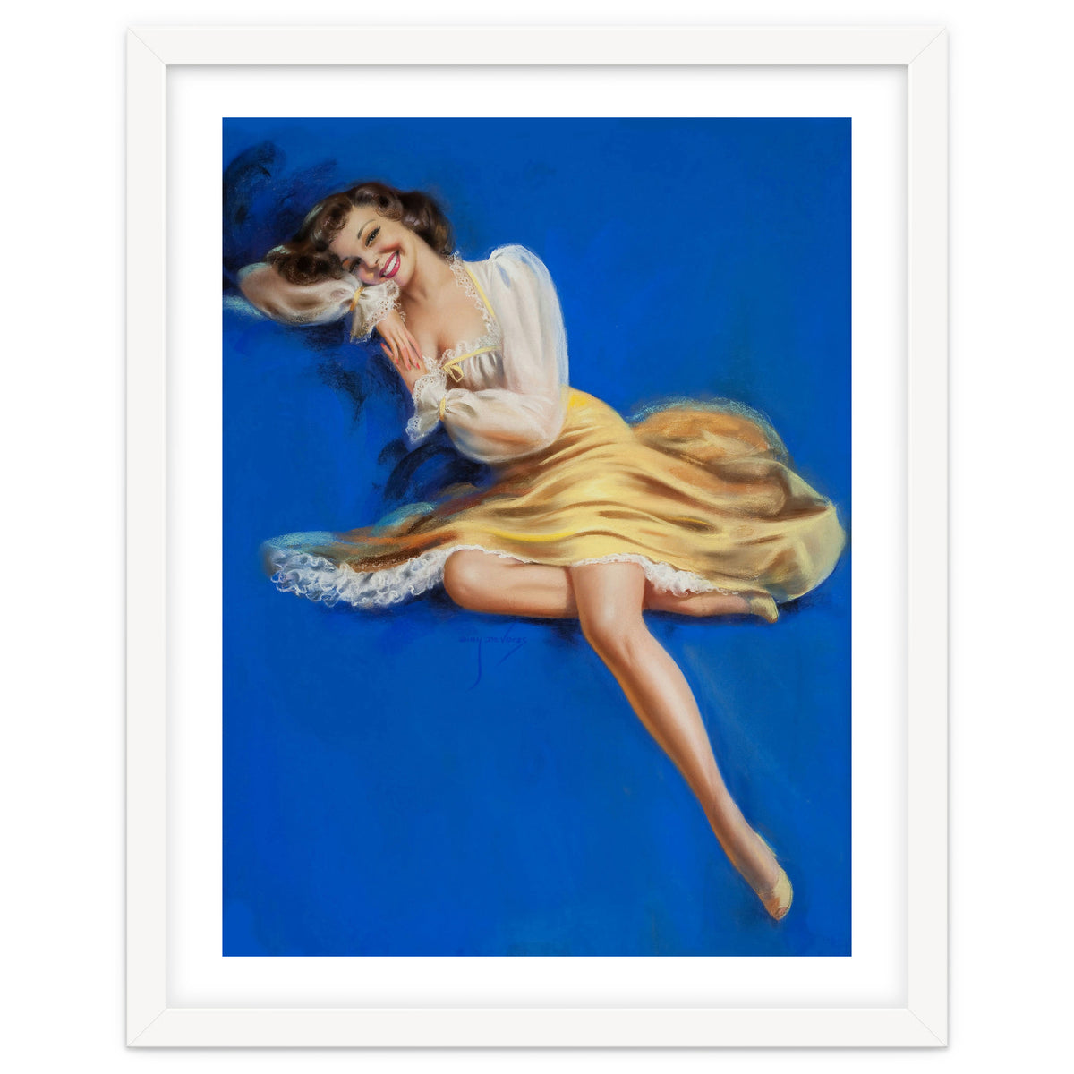Pinup Girl Posing In Studio Over The Blue Background