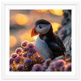 Puffin Bird Amidst Purple Flowers Golden Hour thumbnail