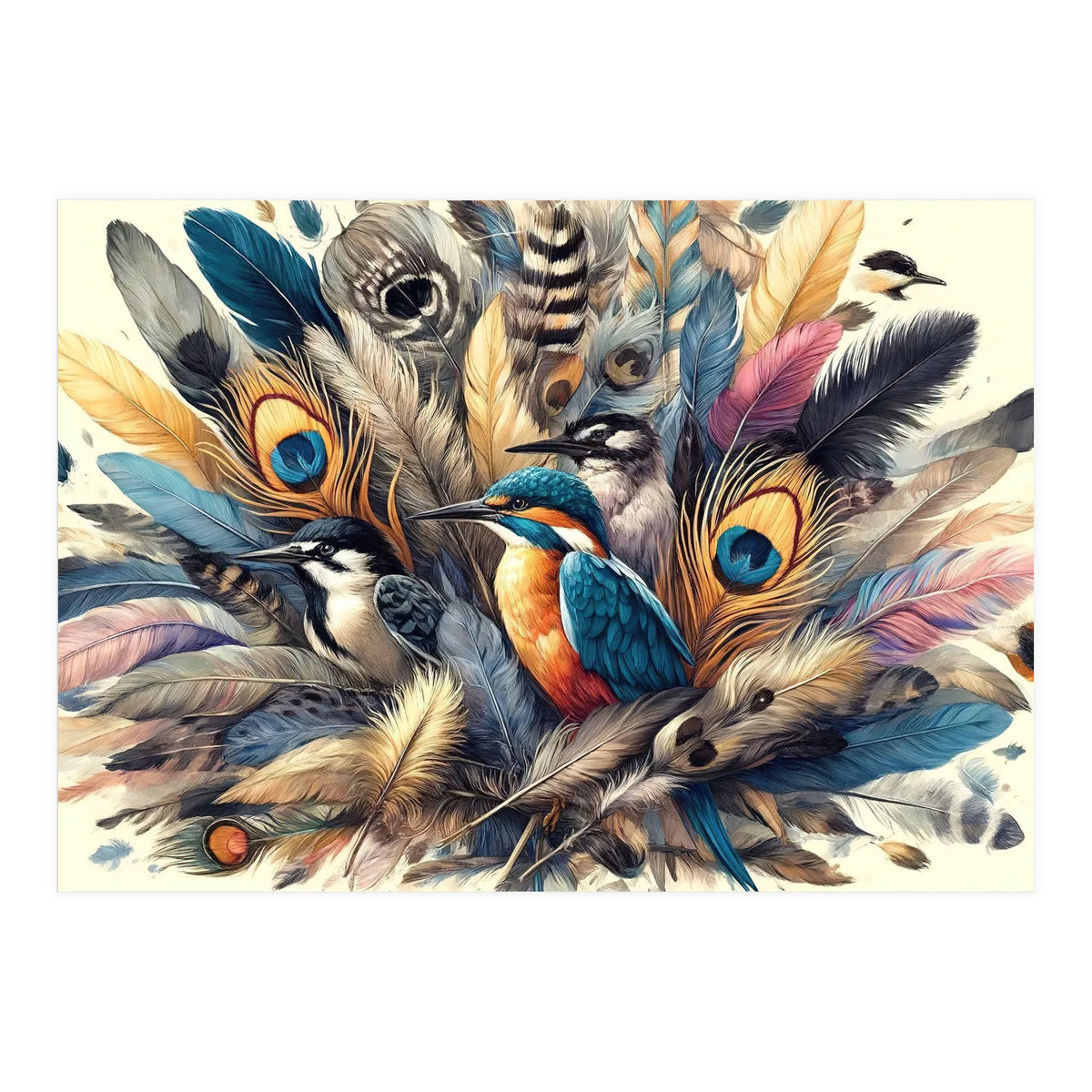 Kingfisher And Songbirds In Peacock Feathers (Print Only)