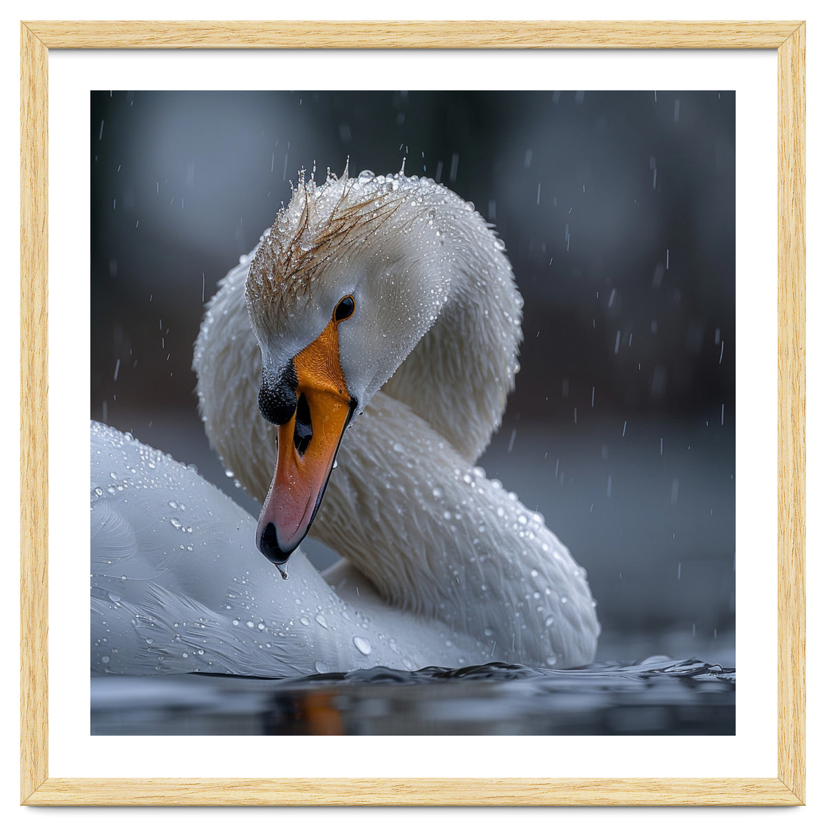 White Swan Bird With Water Droplets In Rain