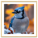 Blue Jay Bird In Winter Snowfall And Leaves thumbnail